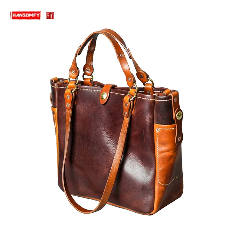 American Retro! Genuine Leather Tote Bag Men Handbags Large Capacity Outdoors Commute Shoulder Crossbody Bag Portable Tote Bags