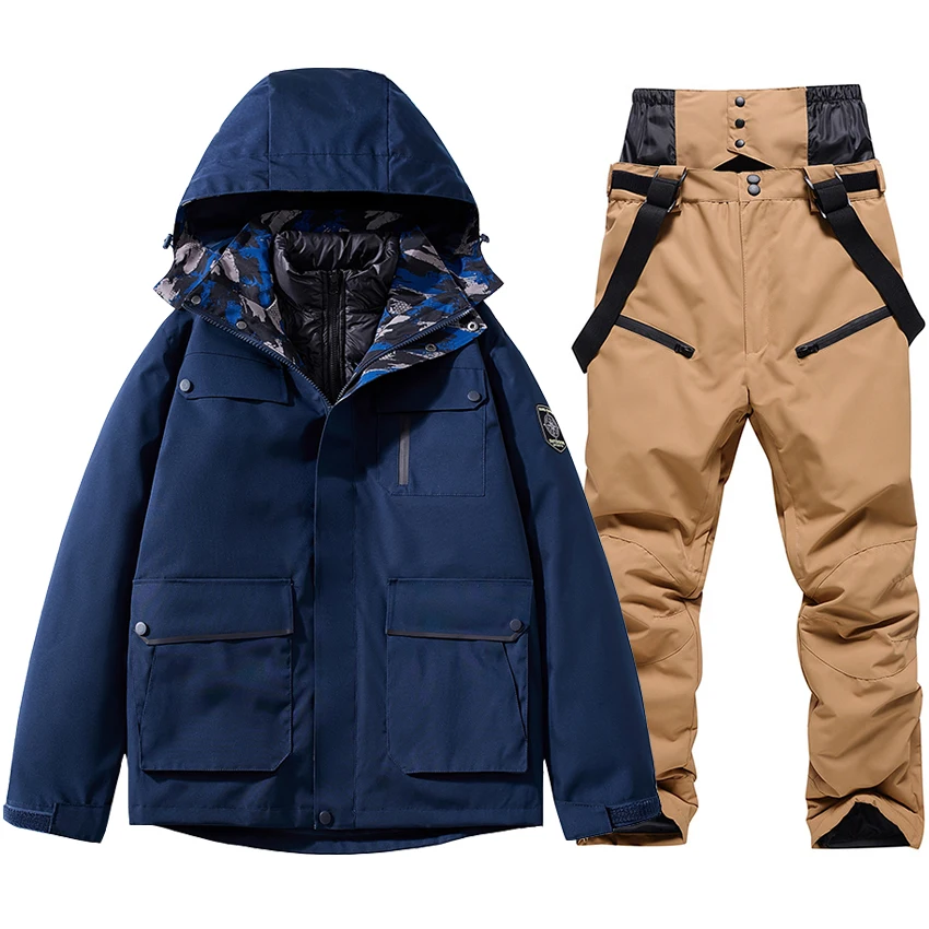 Winter Ski Suit Cotton Down Jacket and Strap Pants Outdoor Waterproof Windproof Snow Costumes Warm Snowboard Wear Male Overalls