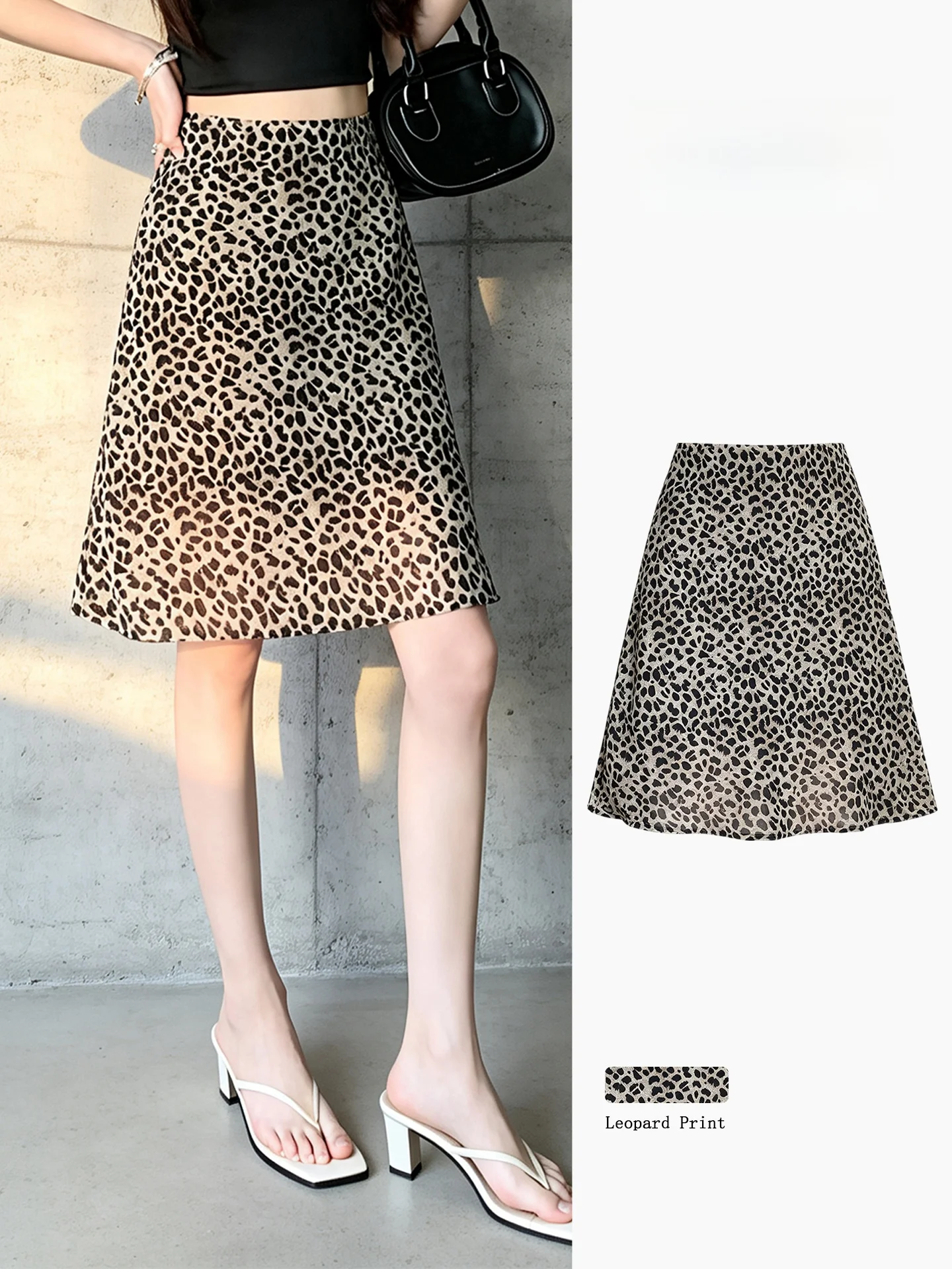 

High Waist A-Line Midi Skirt Women's Summer Slimming Versatile Leopard Print Design Sensation Retro Maturity Wrap Skirt