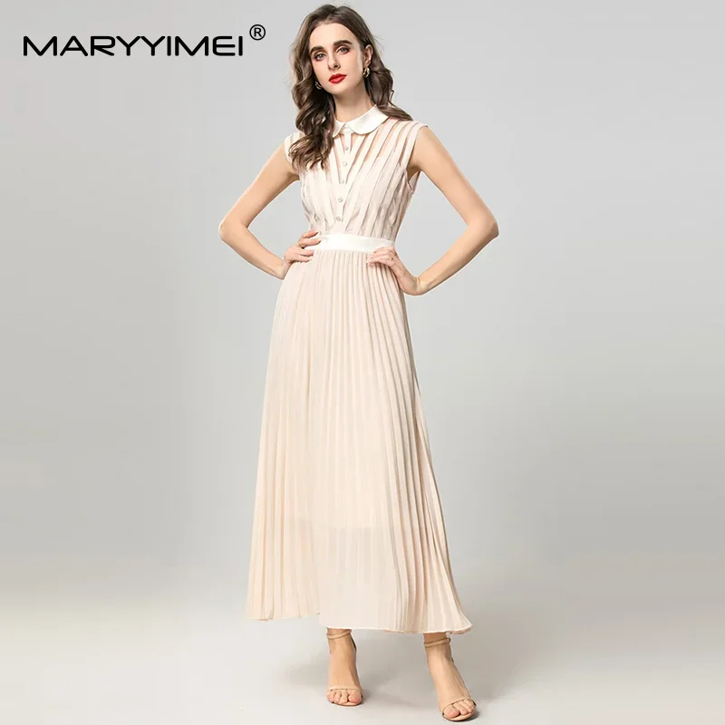 Gedivoen エレガントなフレンチスタイルマキシドレス人形の襟ノースリーブハイウエストロングプリーツドレス女性の夏の新着