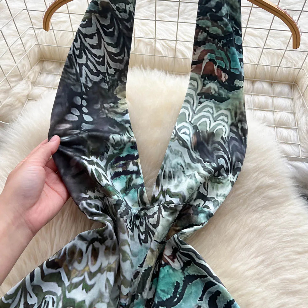 Chic vintage scollo a V increspato senza schienale sottile elegante fata moda coreana Boho vestito estivo abbigliamento donna Abito lungo