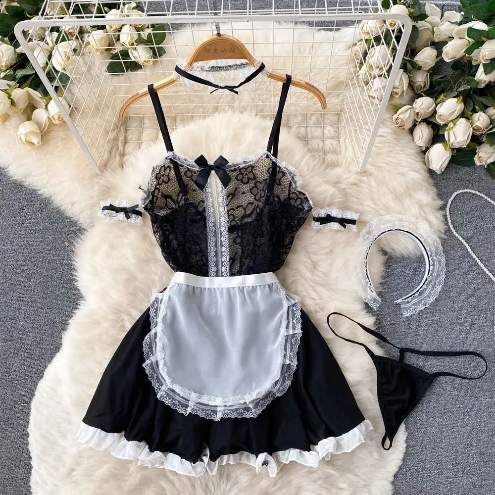 Sexy Maid Cosplay Uniform Lace Patchwork Women\'s Dress Backless Transparent Mini Skirt Apron Sensual Erotic Pajama Nightwear Hot