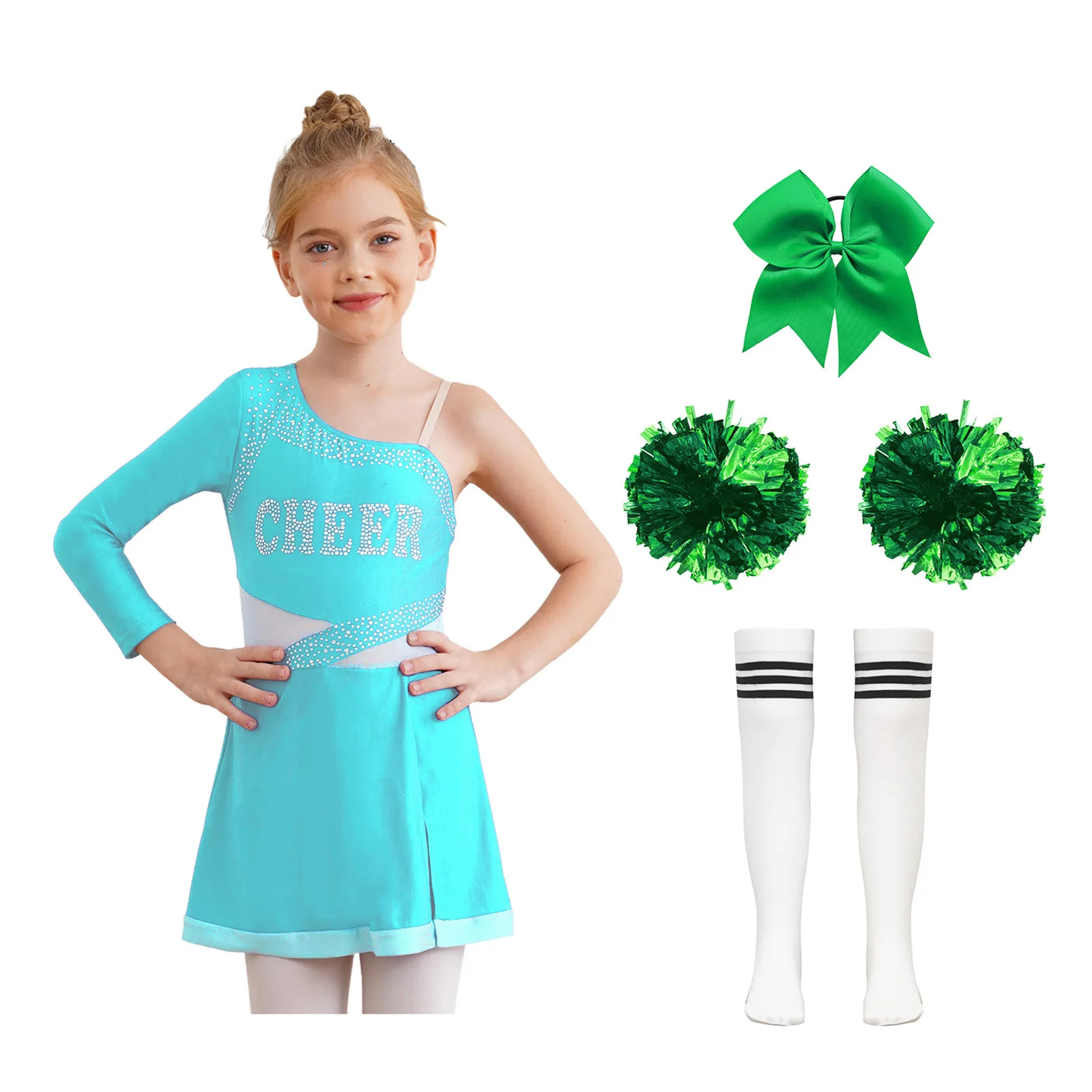 

Cheer Leader Costumes One Shoulder Shiny Rhinestones Dance Dress with Hair Tie Hand Flowers And Striped Knee High Tube Socks Set