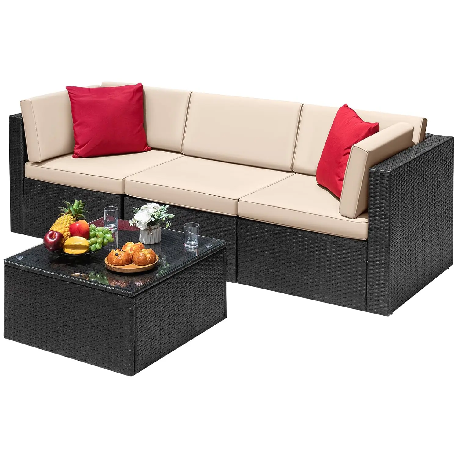 

4pc All-Weather Wicker Sectional Sofa Set Cushion Glass Table Outdoor Patio Conversation, Customized