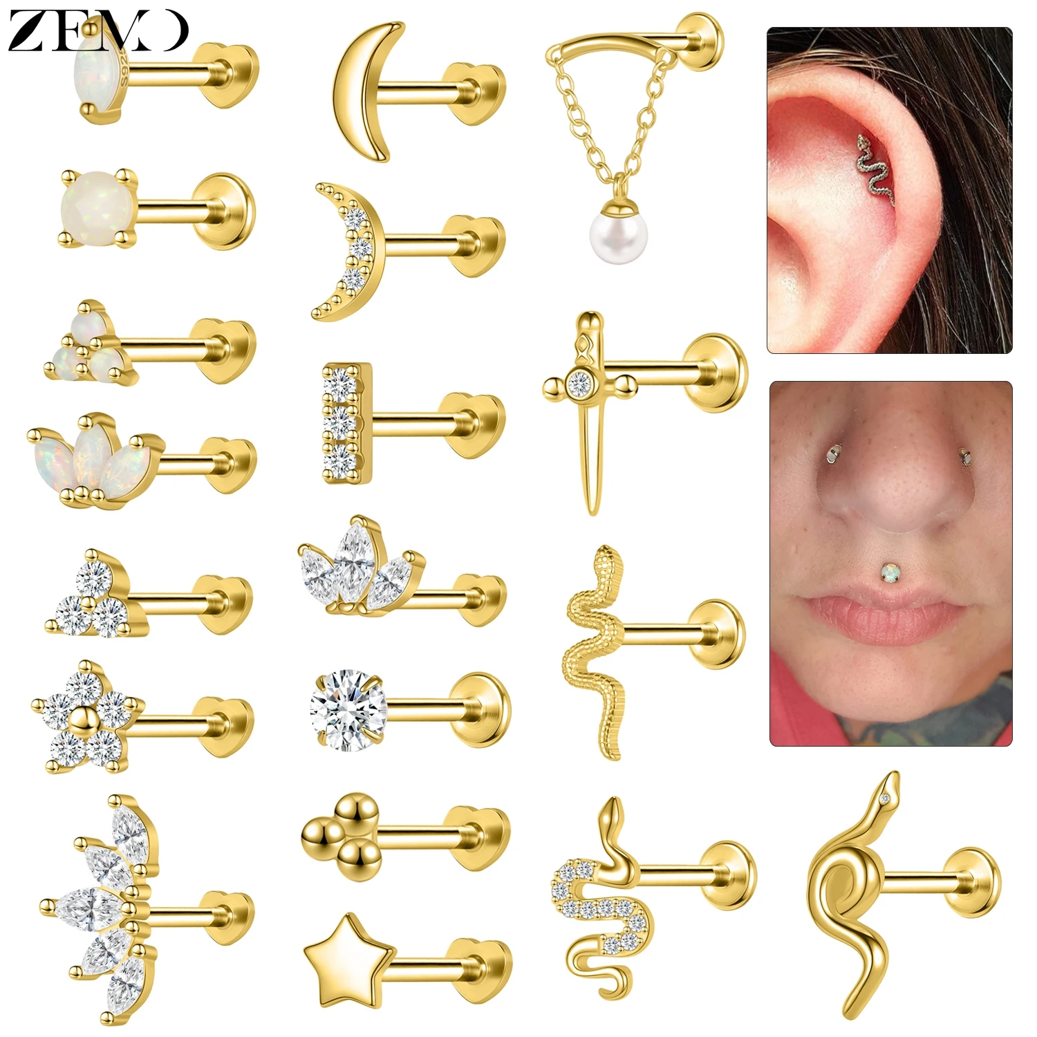 

ZEMO 1 PC 16G 925 Sterling Silver Labret Lip Piercing CZ Crystal Cute Lip Studs Snake Cross Ear Helix Conch Tragus Piercings 8MM