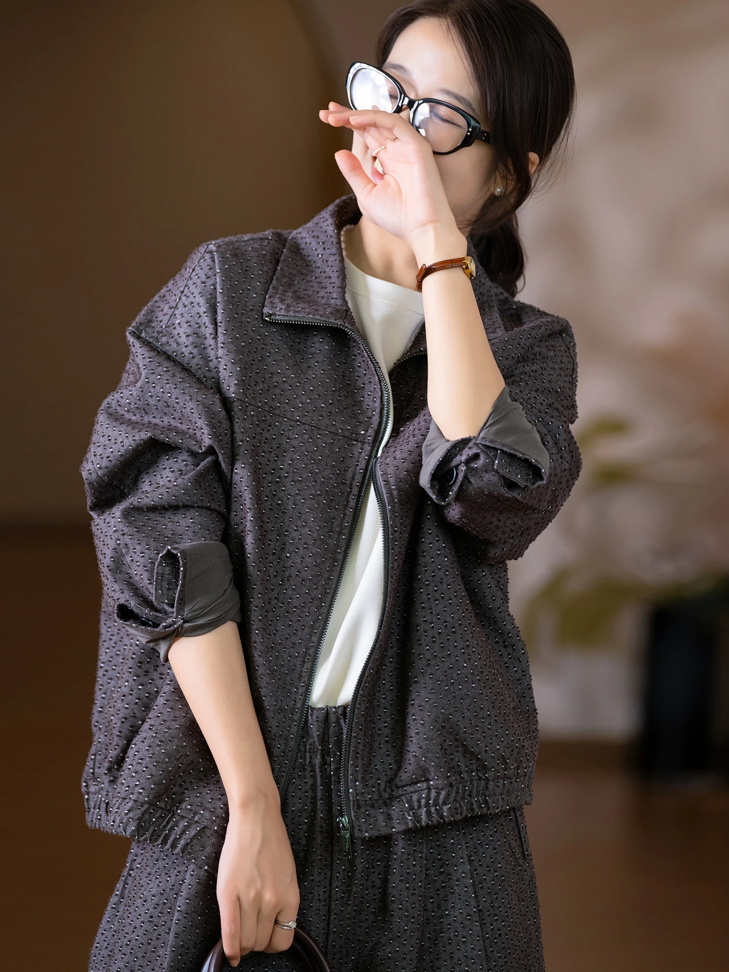 

Свободная повседневная куртка из смесового хлопка с объемной вышивкой, дышащая женская куртка на молнии с длинными рукавами