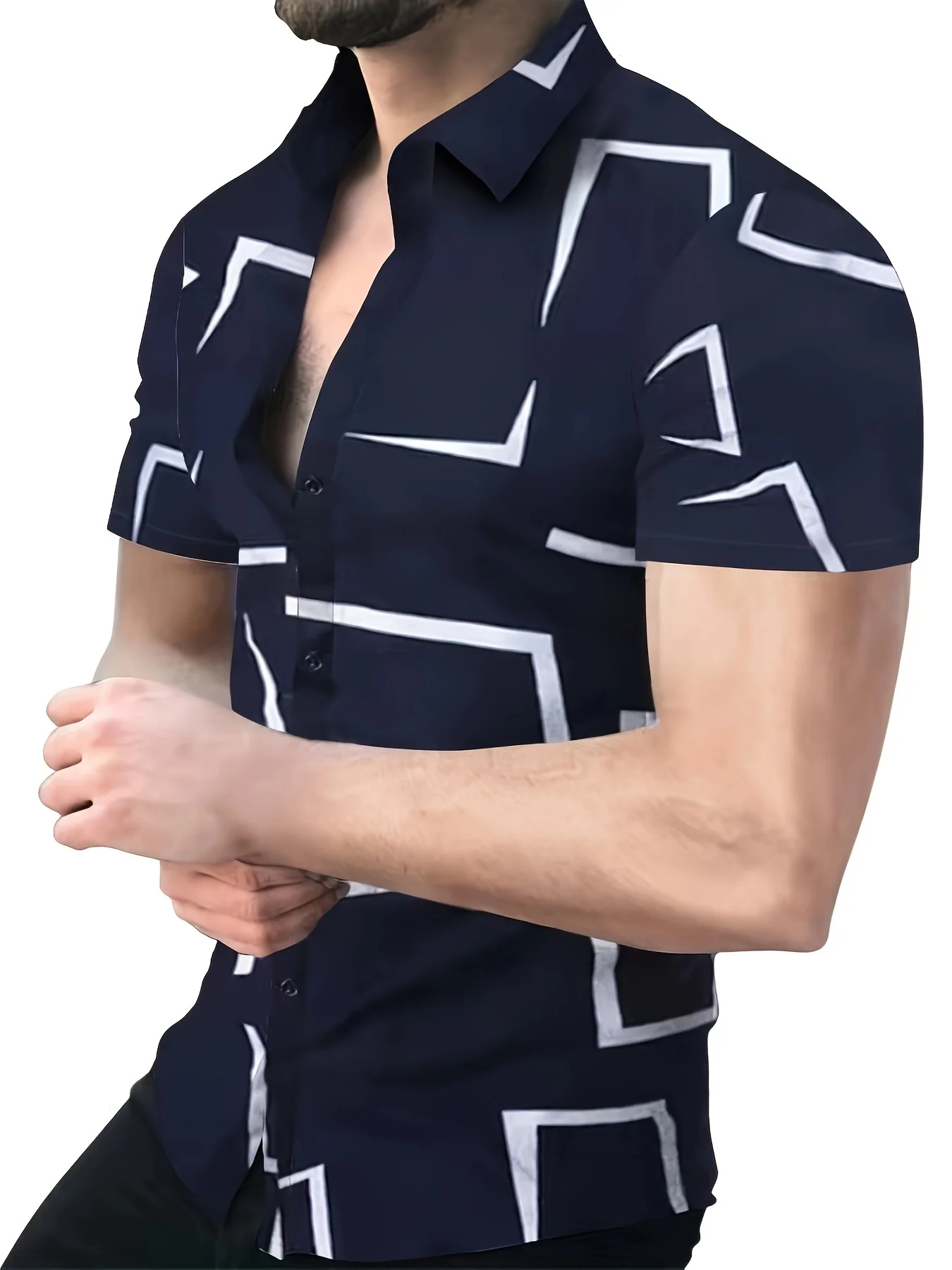 Manga curta masculina botão camisa de lapela, totalmente combinado, padrão geométrico, adequado para o verão, ao ar livre