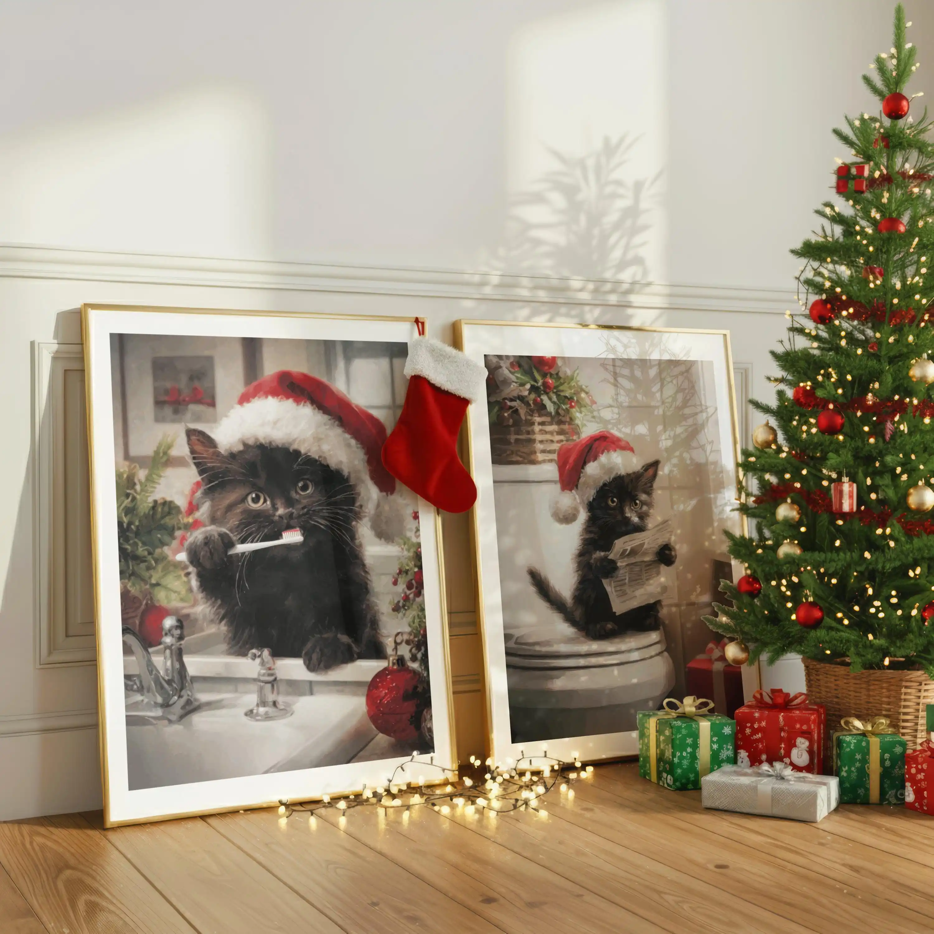 1/6pcs Funny Christmas Bathroom Black Cat Posters Vintage Cozy Canvas Prints Painting for Living Room and Bedroom Decorations