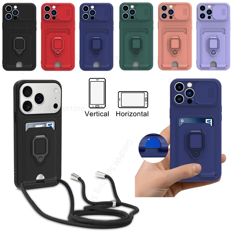 

Soft Silicone Necklace Strap Phone Case For iPhone 17 Pro Max Slide Camera Magnetic Ring Stand Cover For Apple 17 Air 16 Pro Max