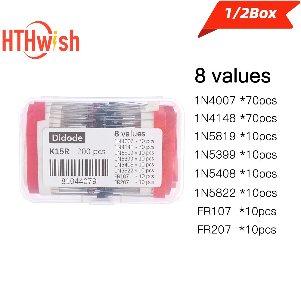 1/2Box 8 Values Diodes Assorted Kit 1N4007 1N4148 1N5819 1N5399 1N5408 1N5822 FR107 FR207 Rectifier Diode Schottky Diode