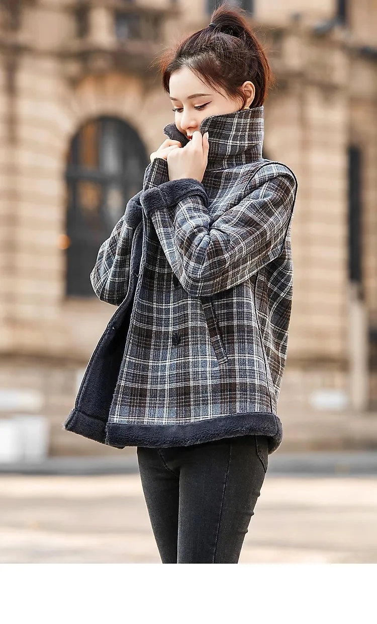 Winter New Retro Plaid Double Breasted Warm Imitation Fur Coat Women Loose High Quality Female Jackets