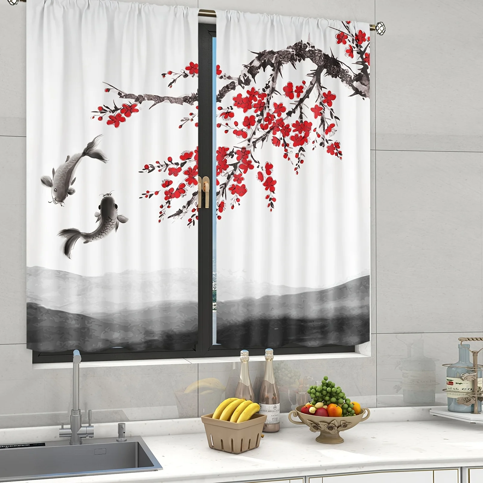 2pcs Chinese Mountain lnk Painting Print Curtain,  Digital Printing Curtains for Living Room Bedroom Kitchen Study, Home Decor