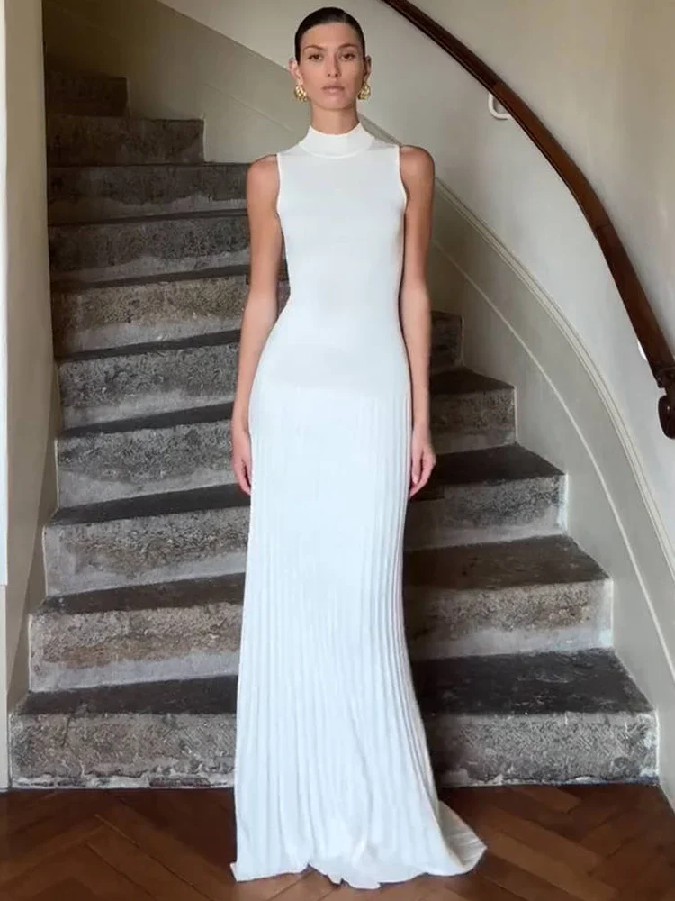 ครึ่งคอสูงแขนกุดถักชุด Maxi สําหรับผู้หญิงแฟชั่น Bodycon เซ็กซี่ยาวถักเสื้อกันหนาว