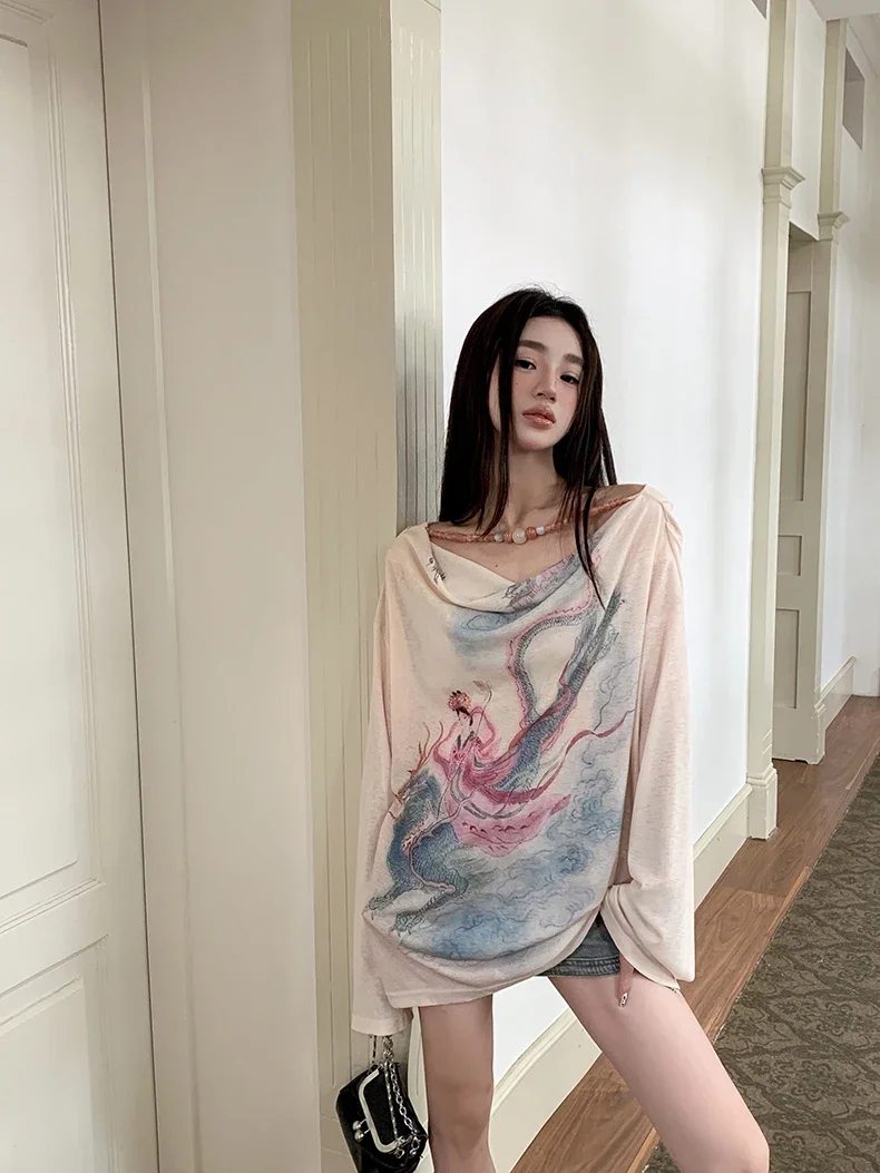 Illustration Designer Graphic T Shirts Women Cowls Long Sleeve Tees Knit Top Fall Clothes 2024 Women