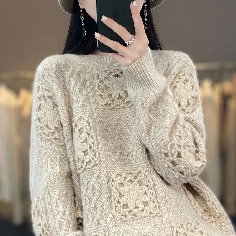 New Women's Knitting Pullover Sweater 2024 Autumn Winter Casual Ladies Jumper Long Sleeve Hollow Out Female Bottoming Top