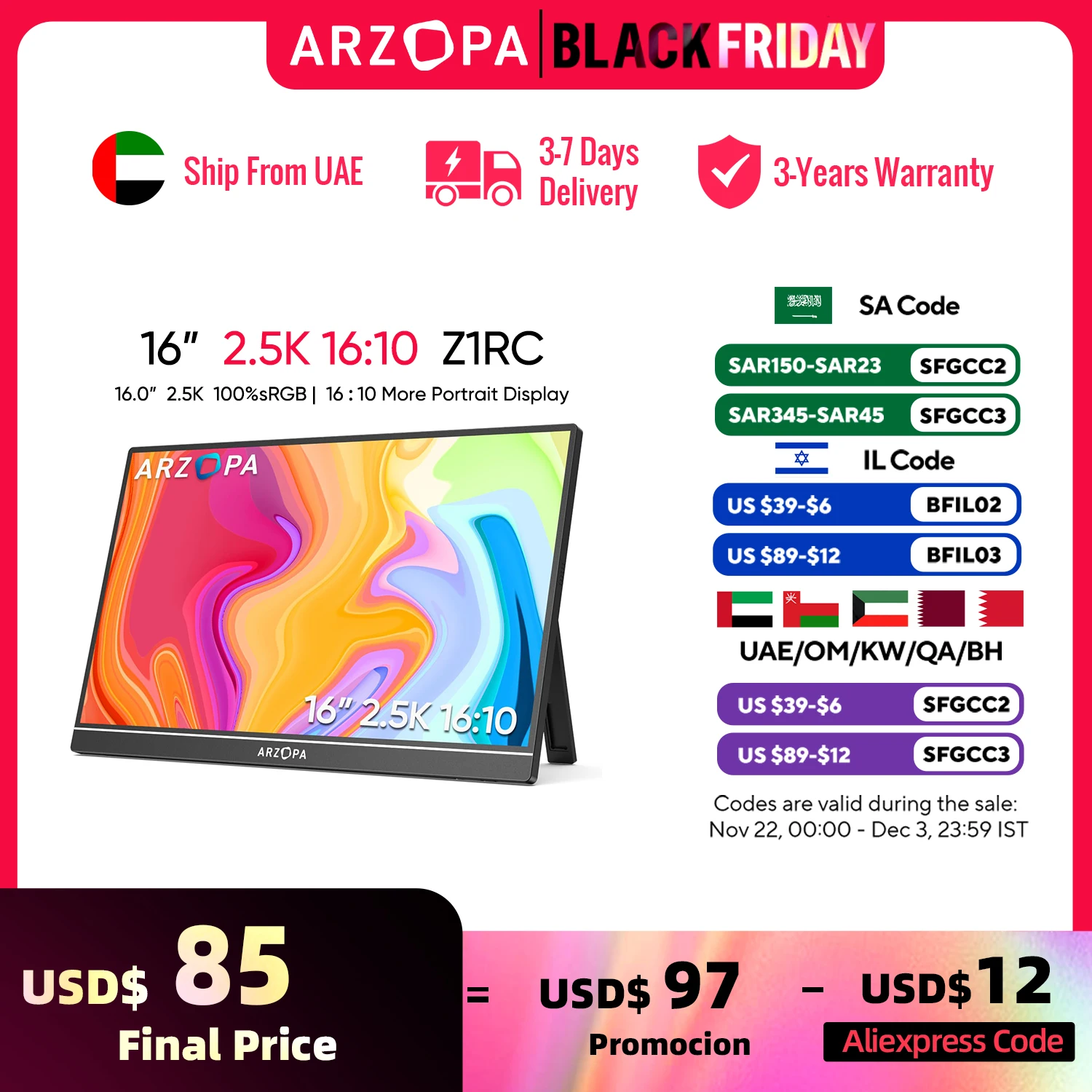 ARZOPA 16inch 2K Portable Monitor 16:10 IPS Screen with type-c mini hdmi Second Display for MAC/Laptop/PC/Xbox/PS4/5/Switch,Z1RC