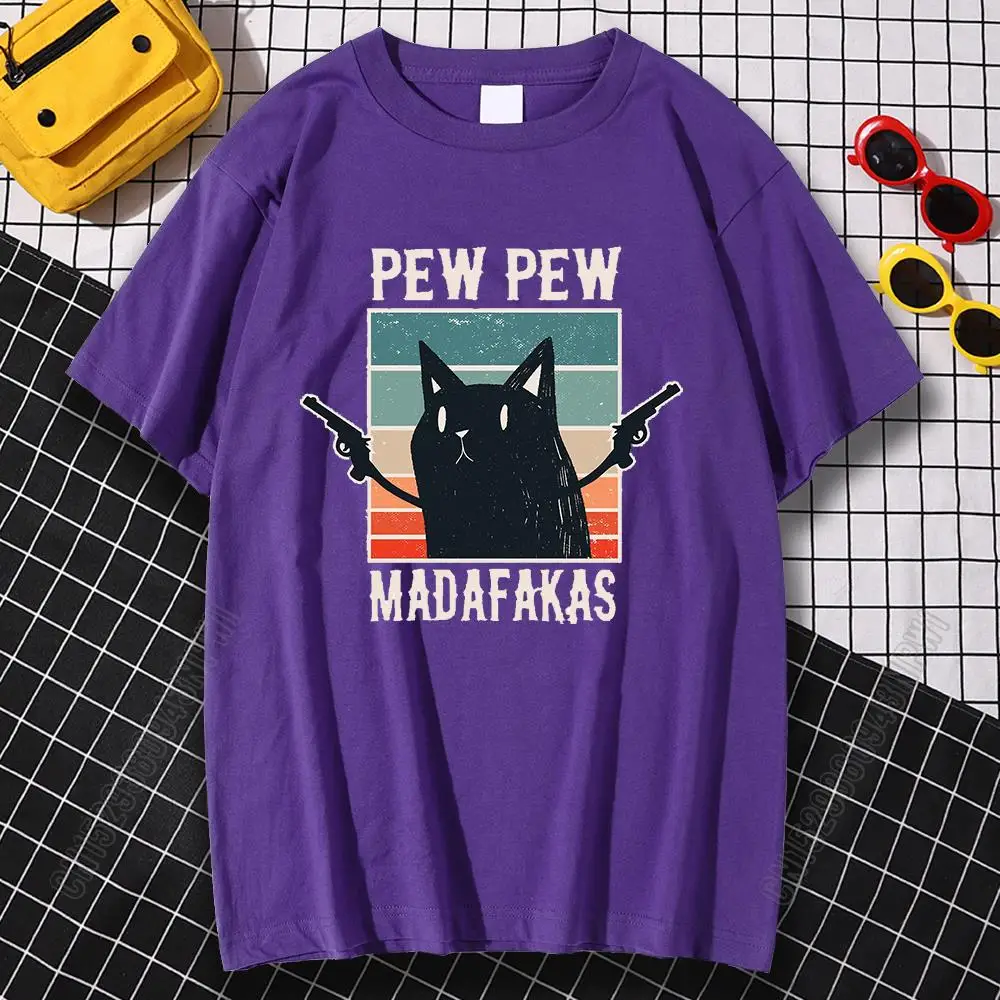 Pew Pew Madafakas Black Cat Cartoon Funny Print T Shirts Men 100% Cotton Clothes Loose T Shirts Harajuku Crewneck Men Tops