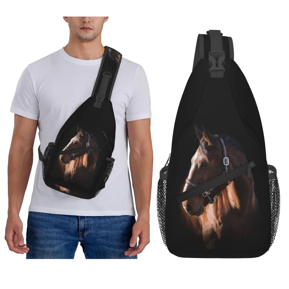 

Brown Horse Herd Running Galloping Animal Lovers Humor Chest Bag Men Sling Crossbody Backpack Chest Bag Daypack Shoulder Bag