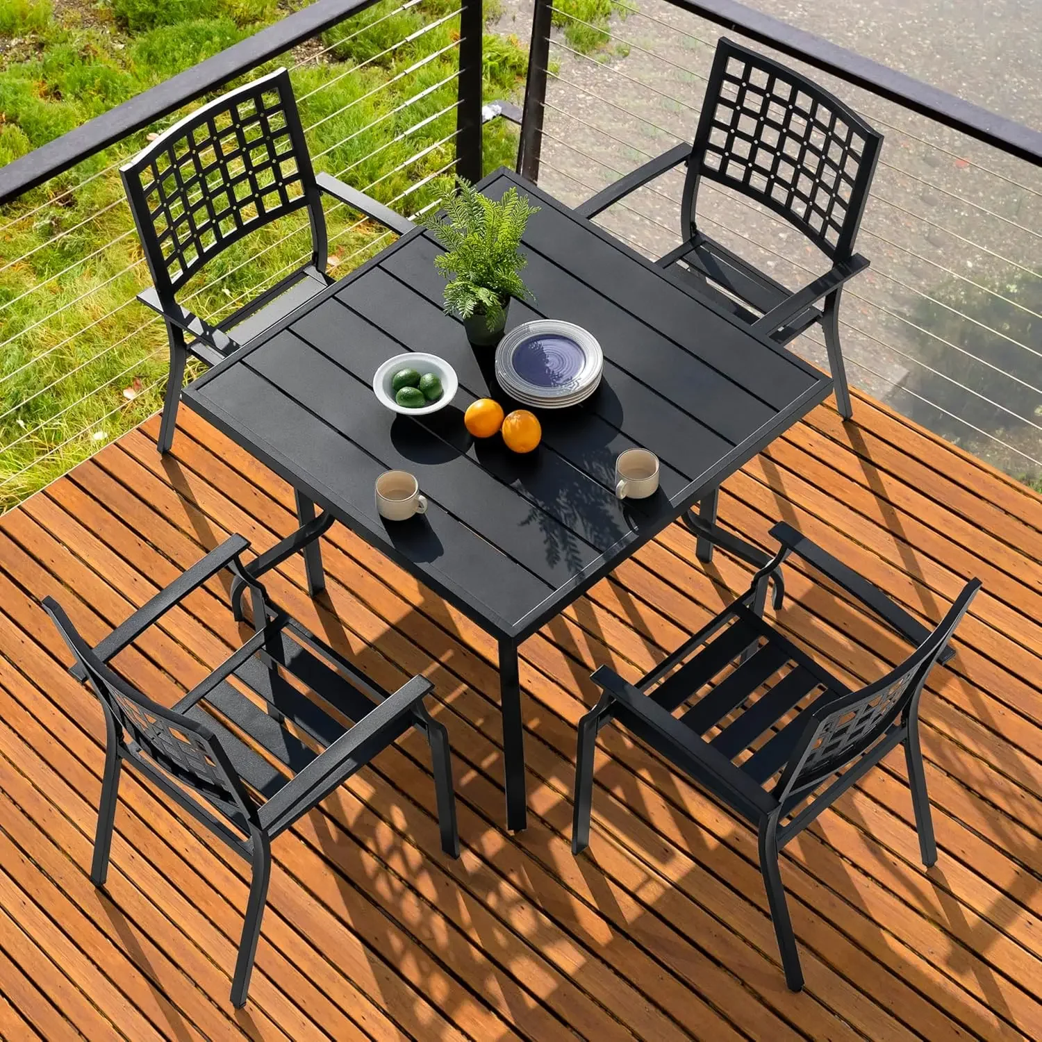 GARDEN Patio Dining Set of 4, 300Lbs Stackable Outdoor Dining with Armrest, Wrought Iron Metal Patio