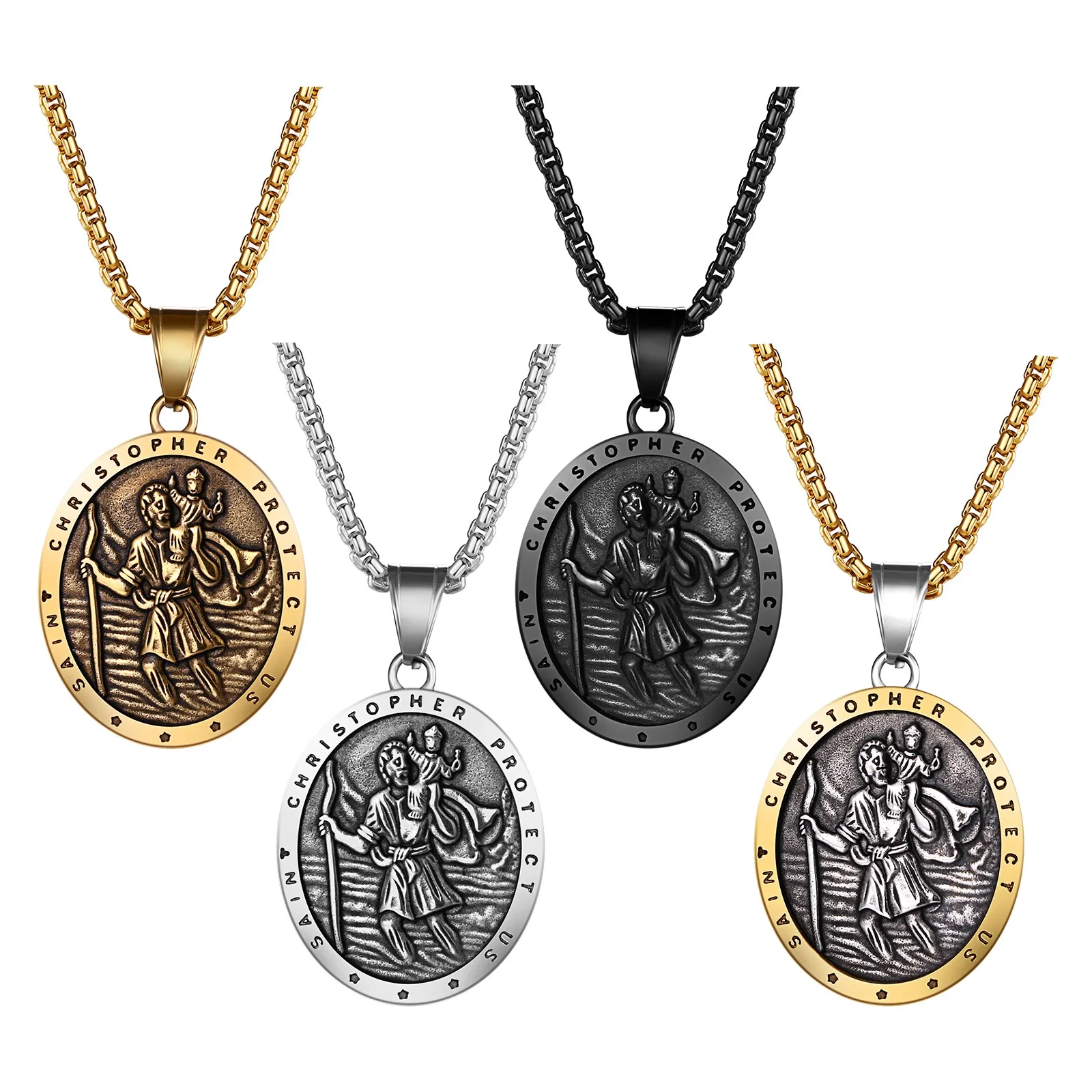 Saint Christopher Medal Necklace for Men Vintage Oval Stainless Steel Pendant St Christopher Catholic Traveler Amulet Gift