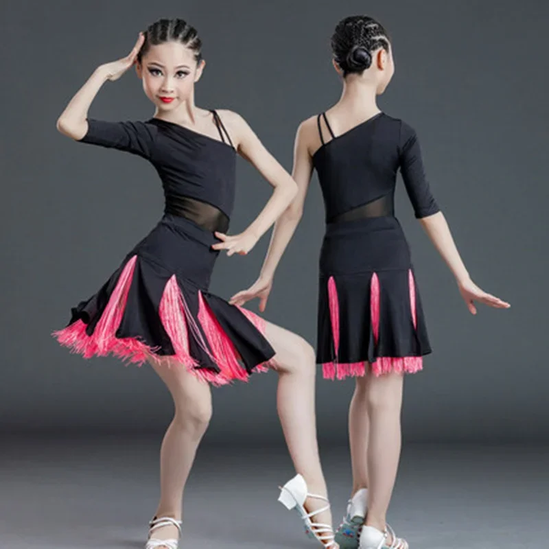 

New Children Latin Dance Dress Girls Ballroom Tassel Tango Split Practice Clothes Rumba Samba Skirt Performance Constumes