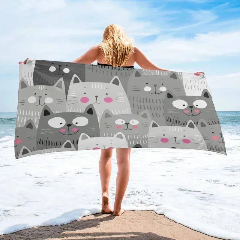 Kawaii Cat Beach Towel for Bathroom Sport Camping Spa Quick Dry Swimming Cover Soft Cartoon Animal Bath Towel for Boys Girl Gift