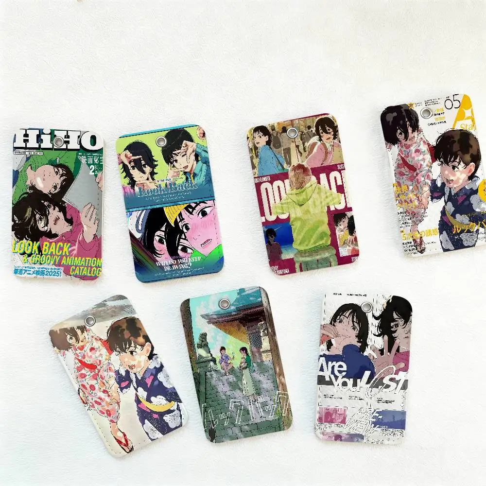 Anime Look Back Rectangle ID Card Case Keychain Access Card Bag Key Tag Ring Leather Card Holder Key Ring Access