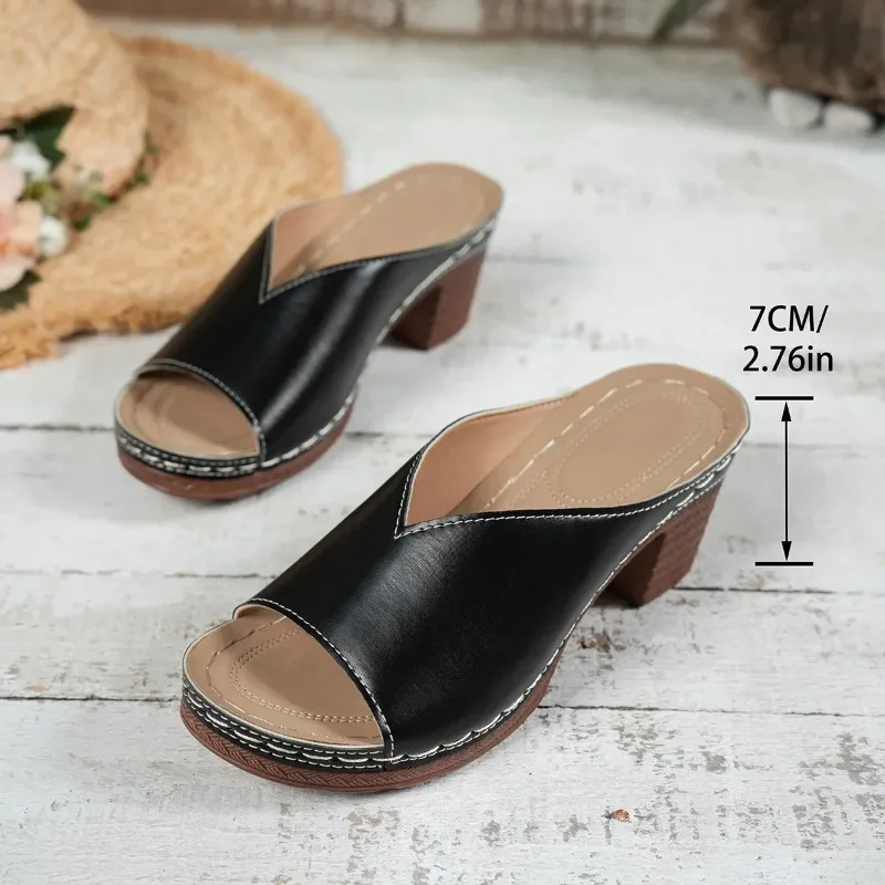 Summer 2025 Women's Fashion High Heel Thick Heel Sandals Fish Mouth Roman Style Slip-On Shoes Rubber Bottom Polyurethane Materia