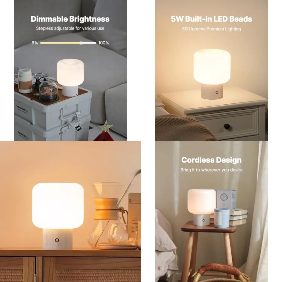 

Halo Mushroom Lamp, 5W Cute Cordless Rechargeable Table Lamp with Glass Shade, 3 Color Temps LED Dimmable Ambient Lighting, Sma