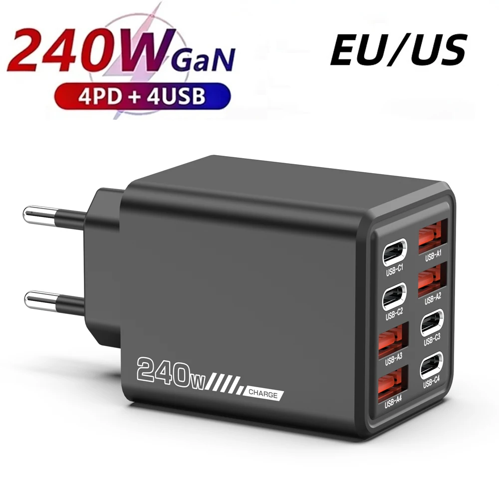240W 8 Ports USB C Charger Fast Charging Phone Charger Adapter For iPhone Samsung Xiaomi Huawei Type C EU/US Plug Quick Charger