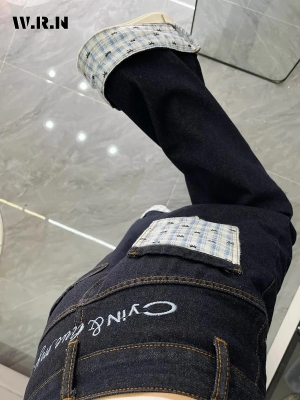 2025 Summer Sweet Vintage Style Jeans Women's Casual Plaid Print Mop Full Length Pants Y2K Harajuku Street Baggy Denim Trouser