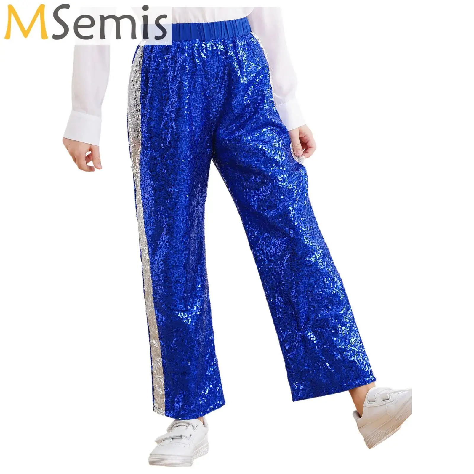 Unisex Kids Girls Boys Sparkly Sequins Pants Color Block Straight-Leg Trousers for Hip Hop Jazz Dance Stage Performance