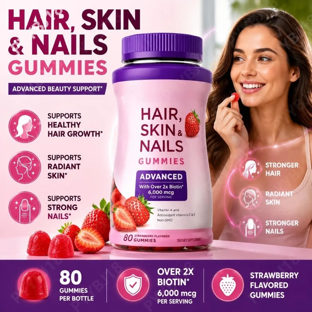Beauty Gummies 6,000 mcg Biotin with Vitamins A, C, E Supports Hair Growth Radiant Skin Strong Nails & Antioxidant Support 80 Ct