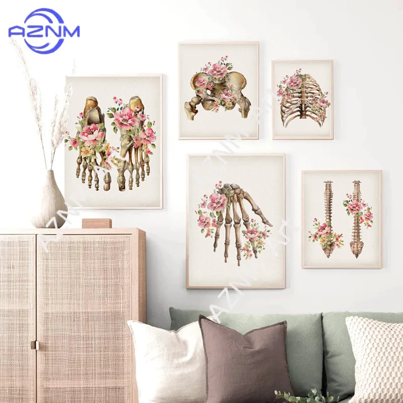 1PC Medical art clinical abstract bone decoration and bone anatomy flower poster skull art decorative painting