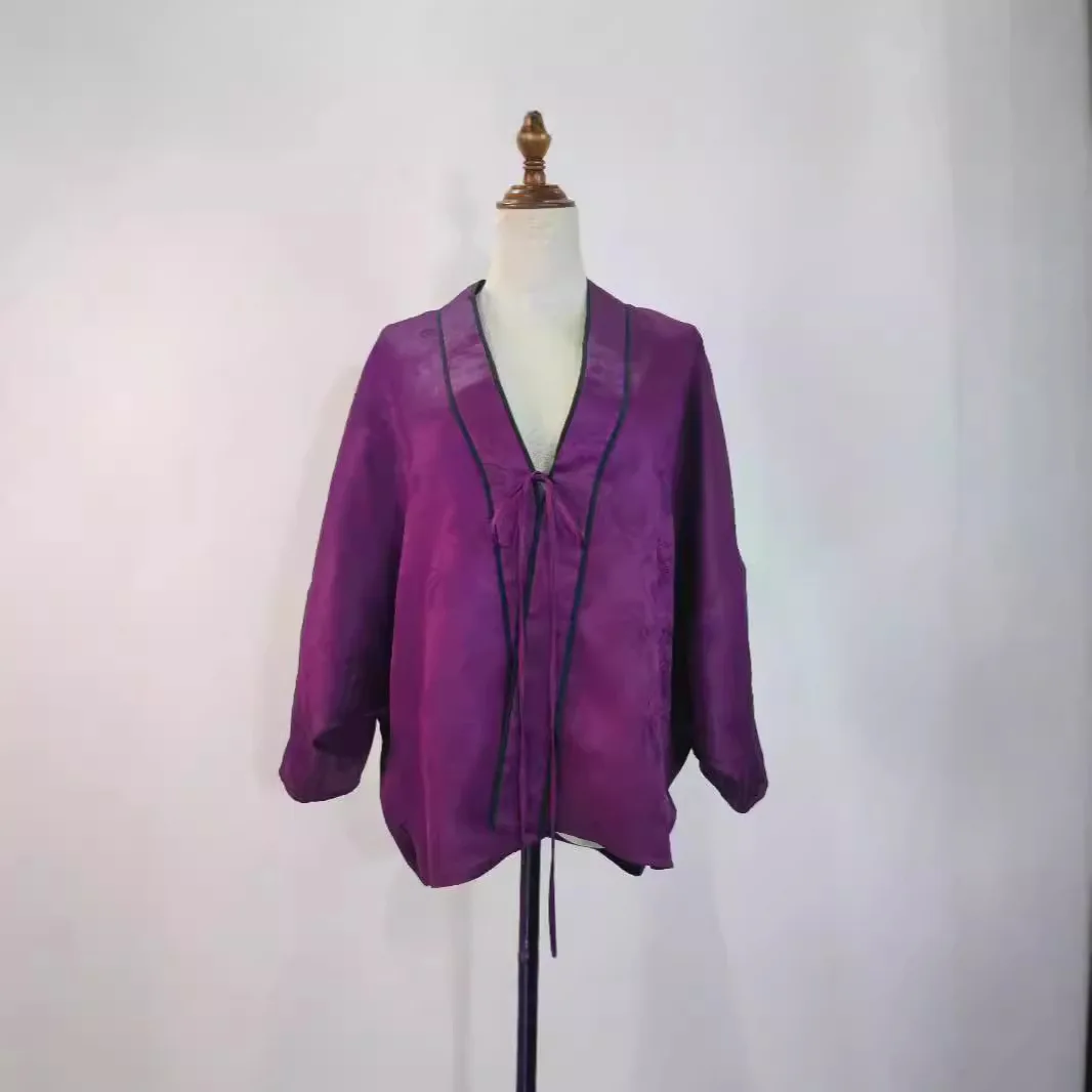 High Quality Non-Heritage Silk Yarn Purple Pattern Luo Cardigan Coat Women's Autumn Chinese Jacquard Long-Sleeved Top