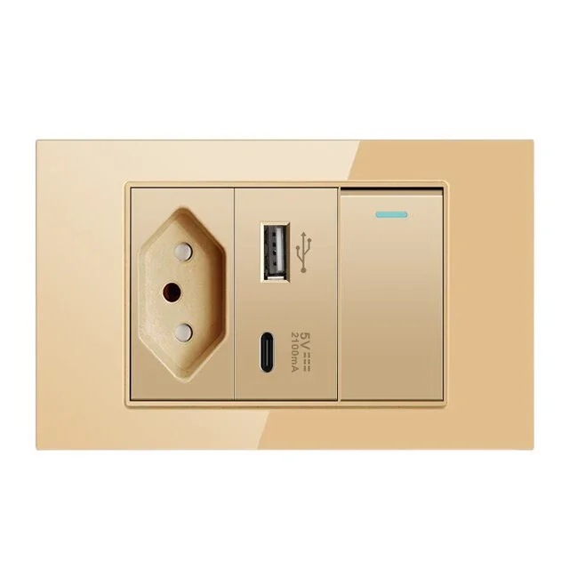 20A Brazil Wall Socket USB Tomada&Type C Power Plug Pressure Switch Tempered Gold Glass Panel Brasil Jack Outlet Home Office