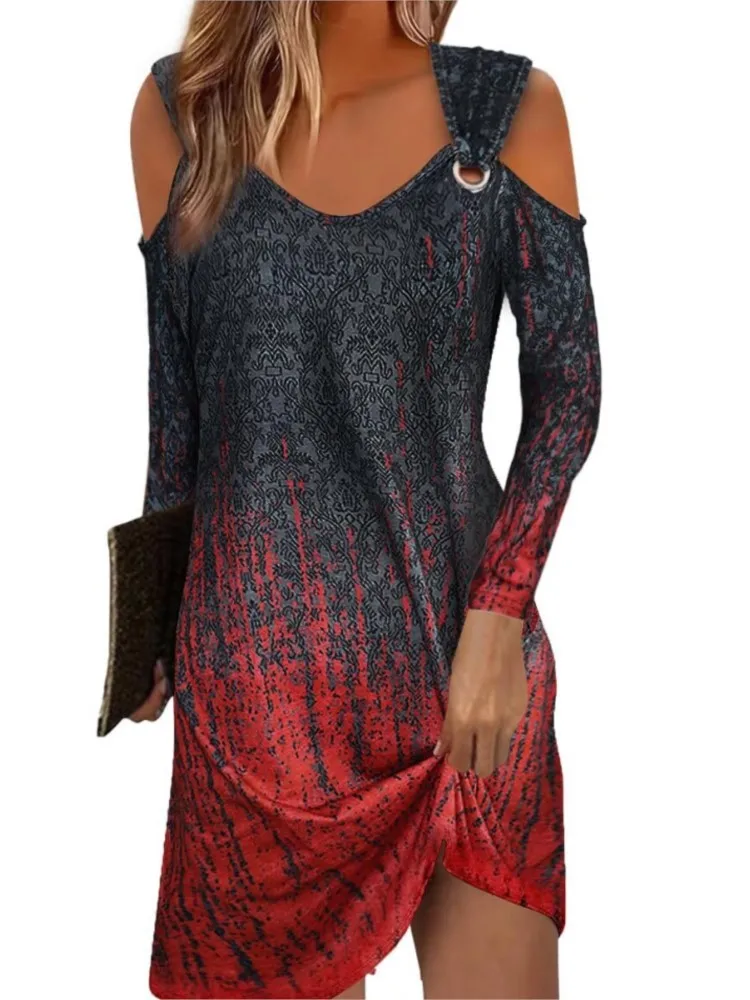 Spring And Autumn Women's Long Sleeve Loose Shoulder Metal Button Women's Dress Multicolor Printed Dress For Women