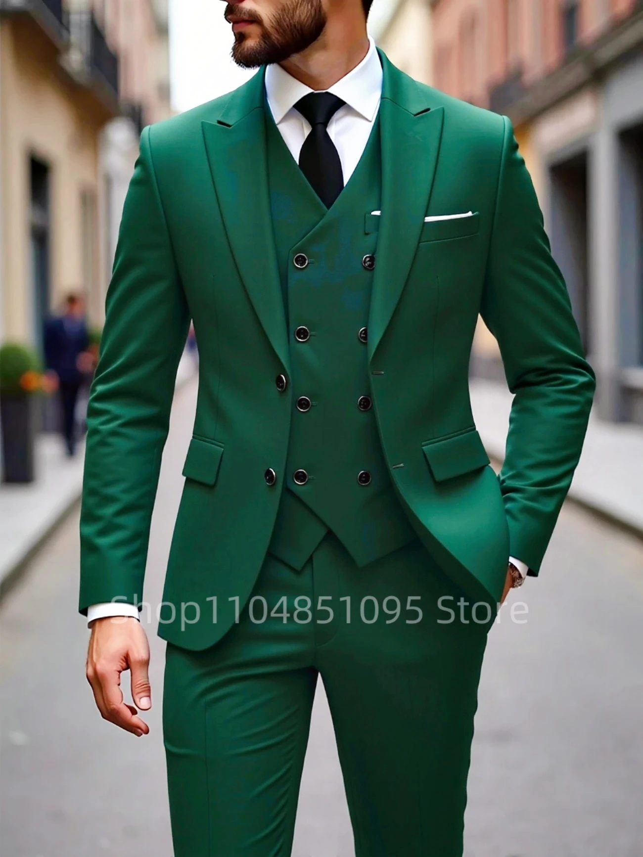 

Formal Jacket Vest Pants 3Pcs Elegant Green Wedding Suit for Men Slim Fit Peak Lapel Blazer Best Man Groom Suit Male Tuxedo Set
