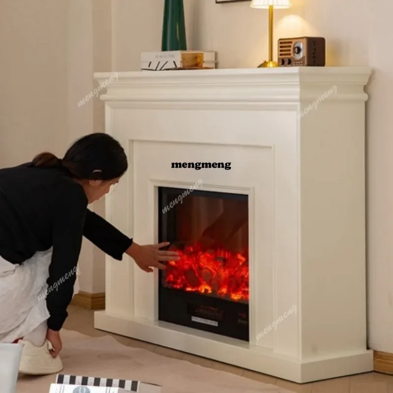 M138 Cream wind simple solid wood fireplace decorative cabinet milk white fireplace simulation fire cabinet