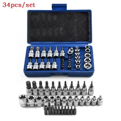 34Pcs Torx Star Sockets Bit Set 3/8'' 15 20 25 27 30 40 45 50 55 60 Male Female E-Security Drive Handheld Tool