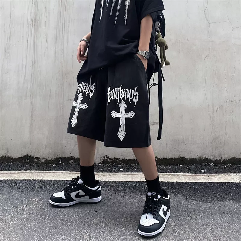 New Ins Trend Dark Cross Loose American Street Hip-hop Five-point Pants Y2k Gym Shorts Man Print Casual Shorts Men Sweatpants