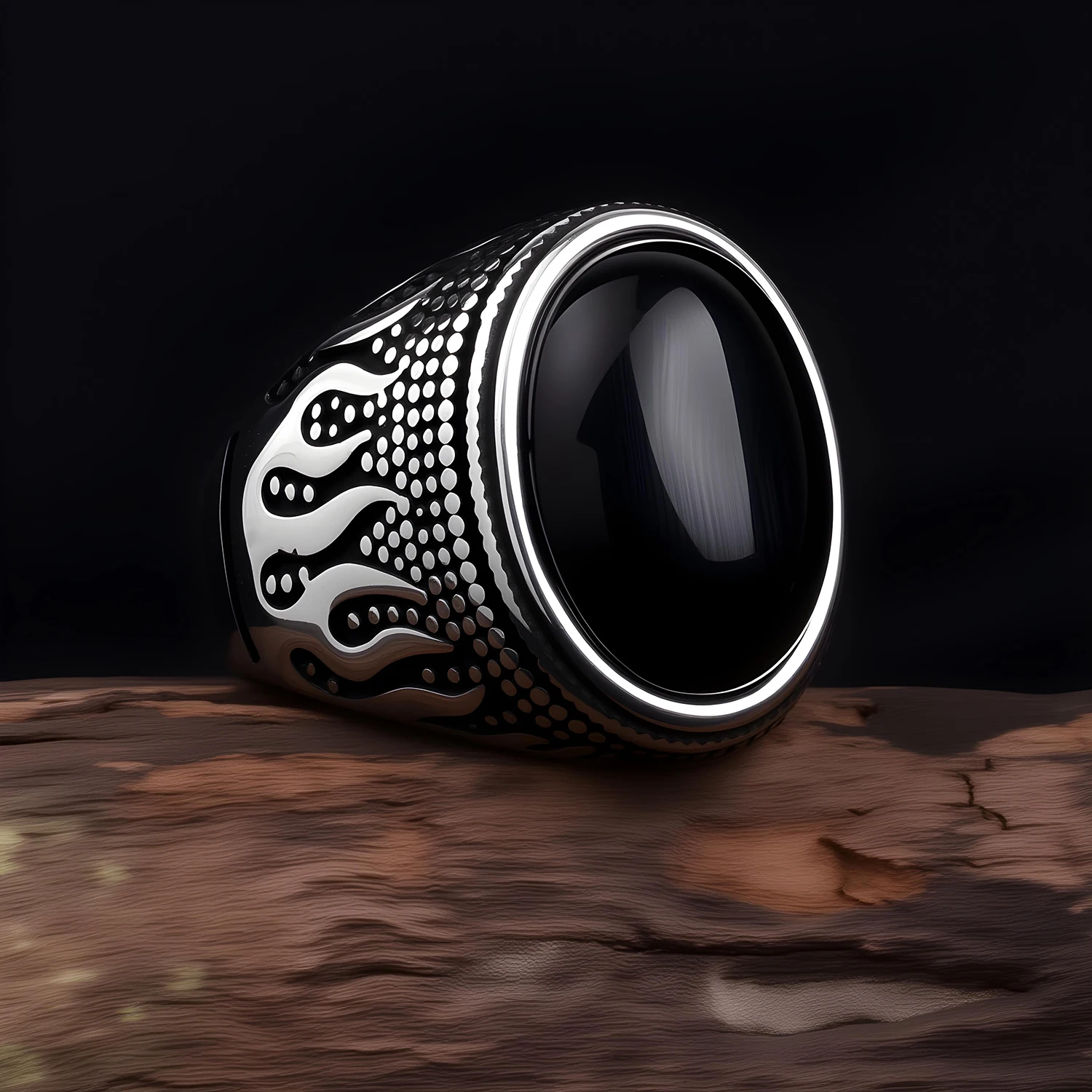 Vintage Punk Flame Carved Stainless Steel Signet Ring Natural Oval Tiger Eye Gem Male Fashion Band - view 2