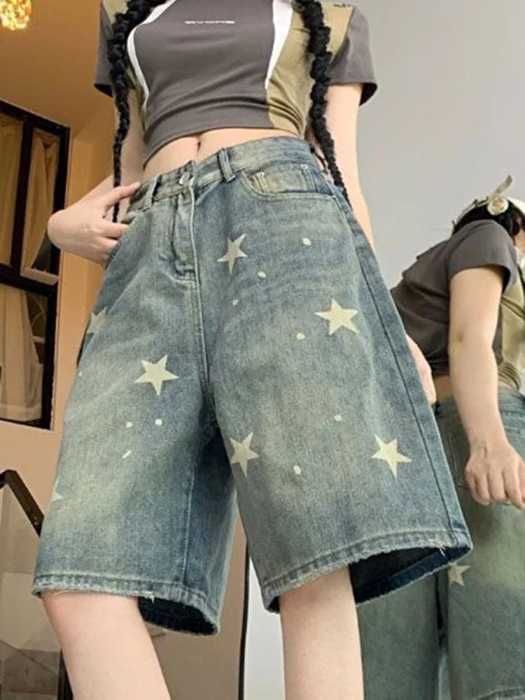 

Джинсовые шорты Y2k со звездным принтом, женские свободные винтажные уличные шорты до колена с высокой талией, шорты в стиле ретро, американские шорты с карманами, новинка