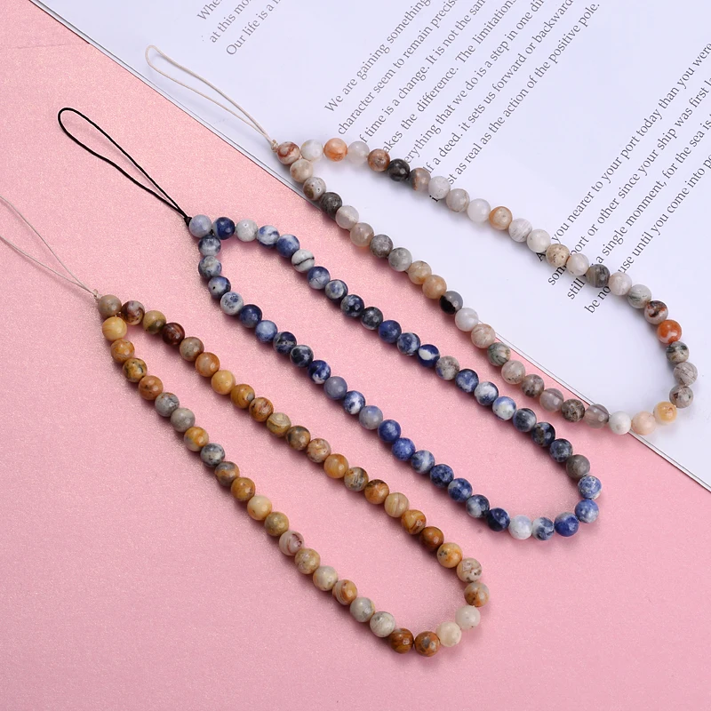 Natural Stone Beaded Cord Lanyard Telephone Straps Yolk Stone Tourmaline Beads For Women Mobile Phone Chain Jewelry Accessories