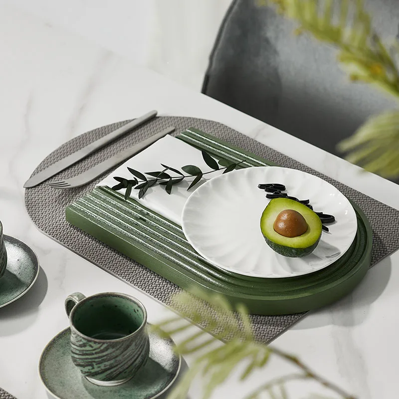 Nordic Model Room Western Tableware Matching Set Avocado Green Table Setting Table Placemat Plate Corrugated Wooden Pallet Mat