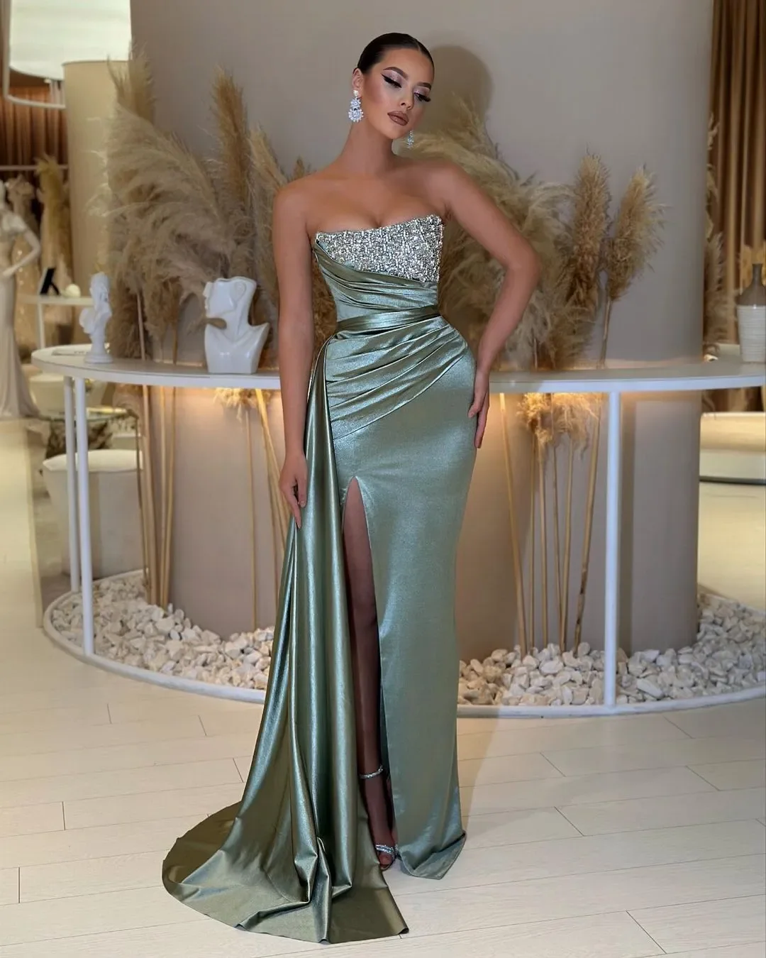 

Customized Elegant Green Prom Dresses Strapless Party Evening Dress Pleats Thigh Slit Formal Long Special Occasion Dress