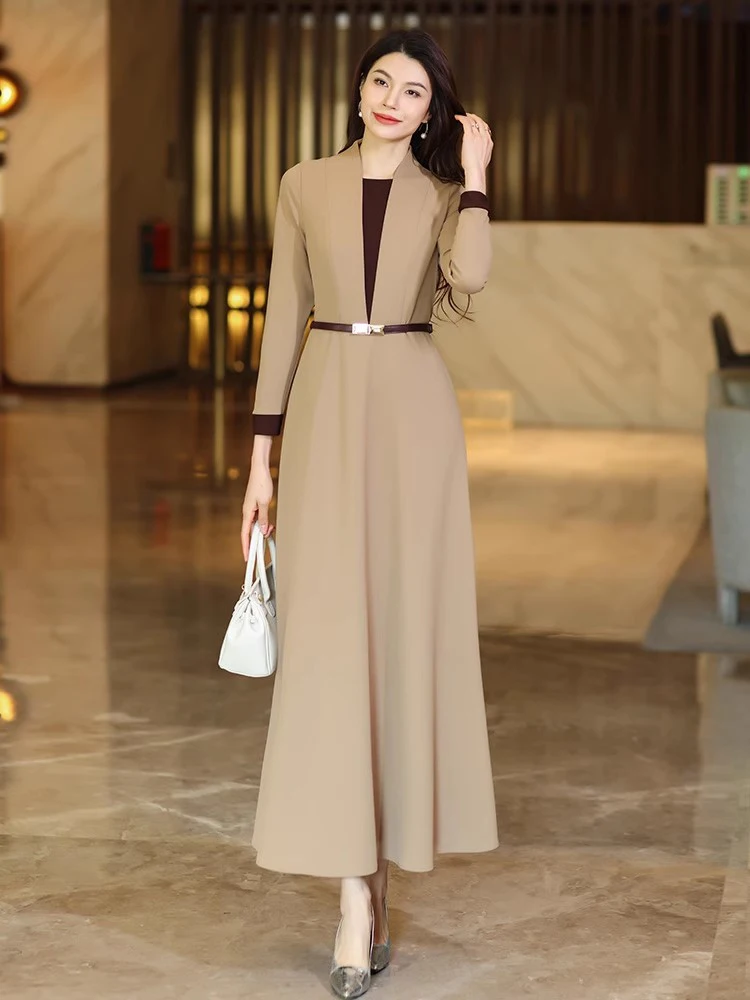 신규 여성 봄 가을 작업복 드레스 패션 패치워크 브이넥 긴 소매 슬림 웨이스트 오피스 레이디 드레스 우아한 젠틀 드레스