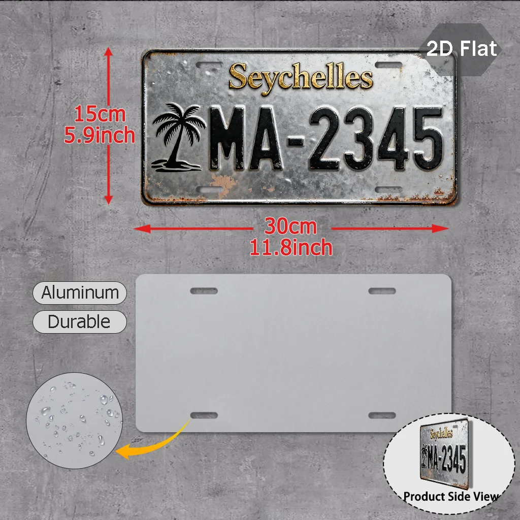 2D Flat, Seychelles License Plate - Vintage Replica Car Sign with MA-2345 Number Wall/Bathroom Decor Suitable for Seychelles