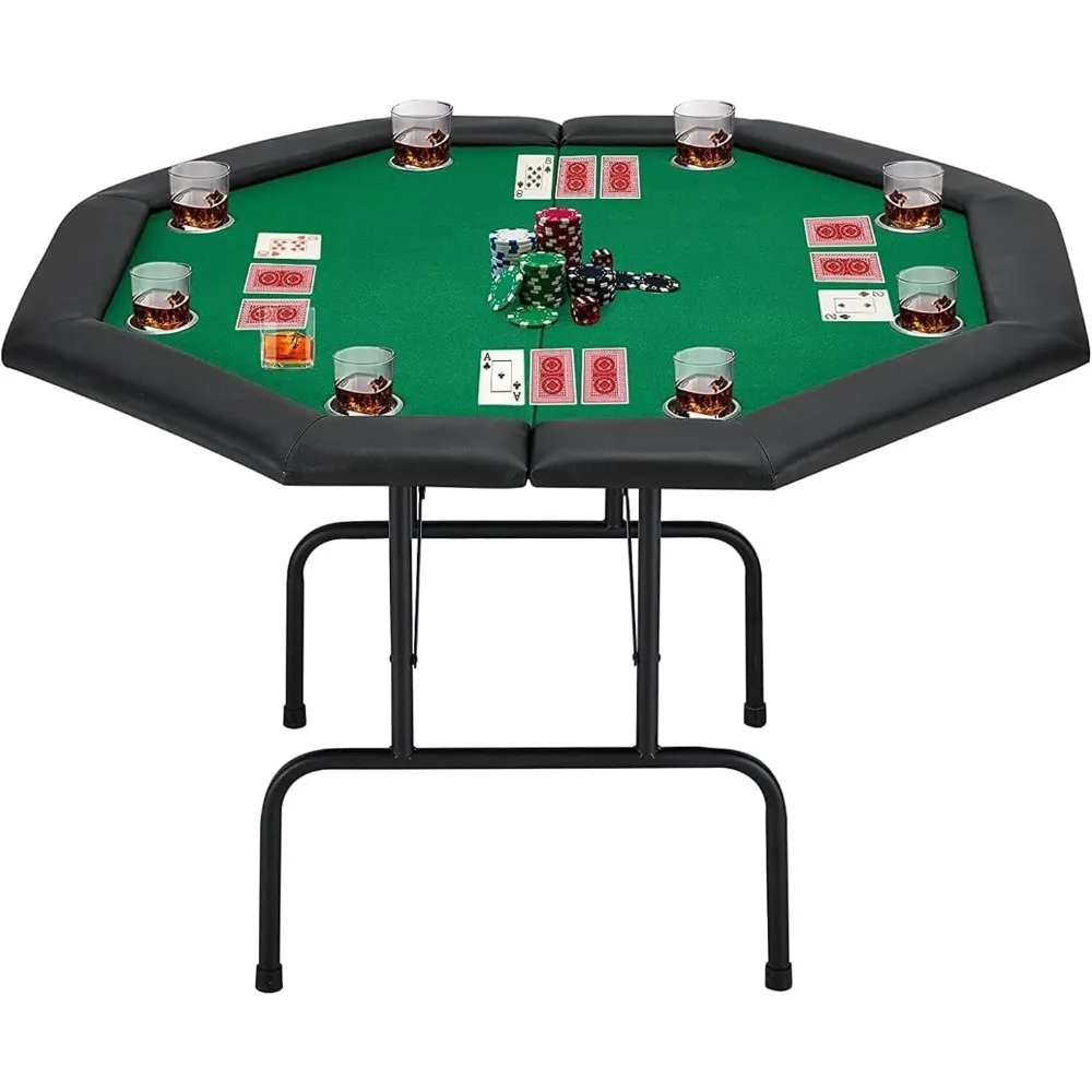 Game Poker Table w/Stainless Steel Cup Holder Casino Leisure Top Texas Hold'em Table for 8 Player with Leg, Green Felt