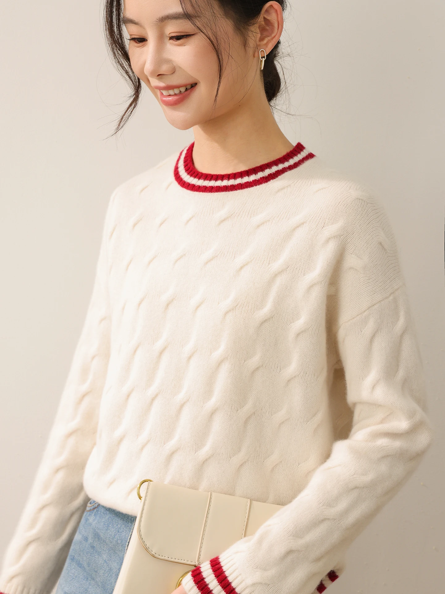 

Women New 100% Merino Wool Pullover O-neck Casual Stripe Color Collision Sweater Warm Soft Top Knit Thick Autumn Winter Clothing